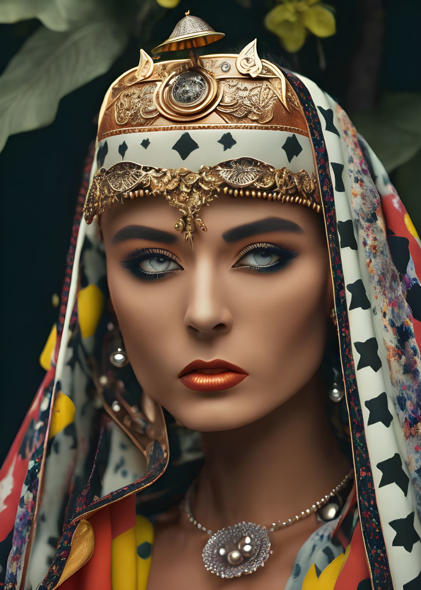 Woman with dramatic makeup and decorative headpiece in colorful scarf on dark background