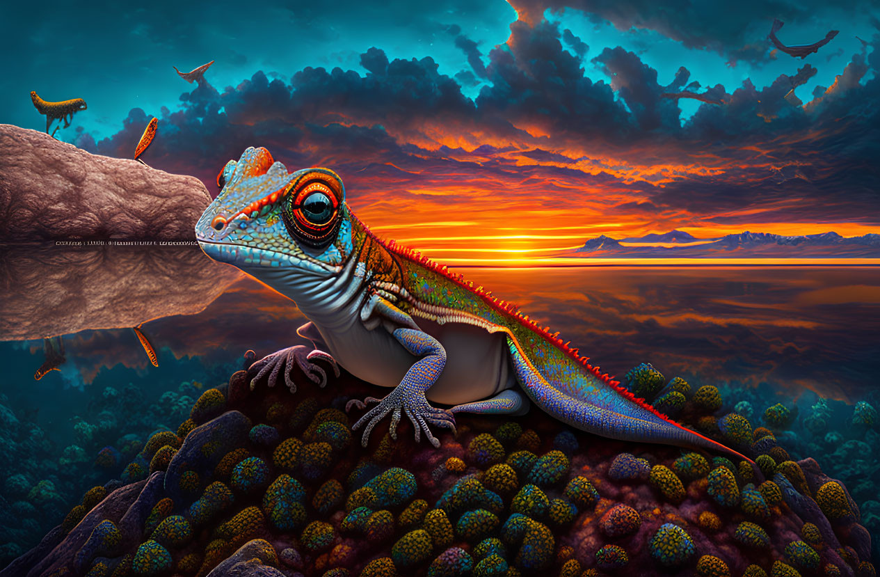 Colorful lizard on textured ground at sunset with flying creatures and dramatic clouds
