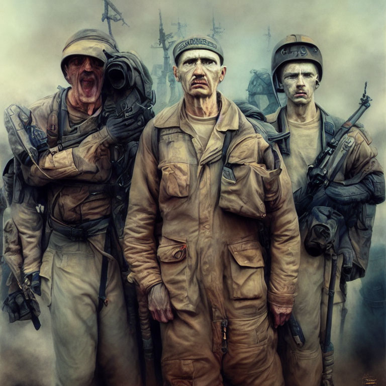 Three military men in combat uniforms and helmets on a smoky battlefield with rifles.