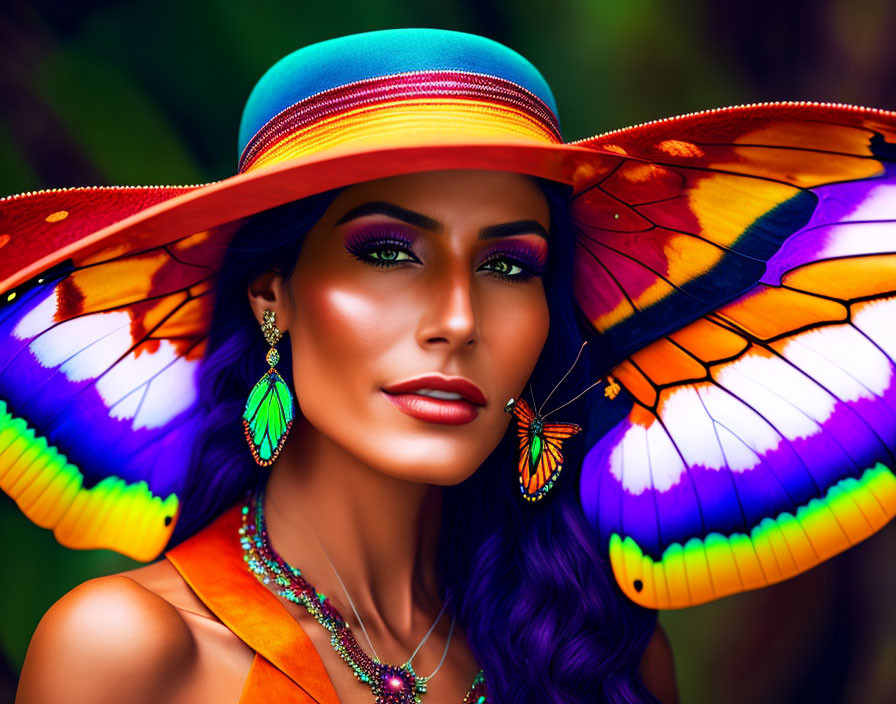 Colorful Woman with Vibrant Makeup and Butterfly-Inspired Accessories