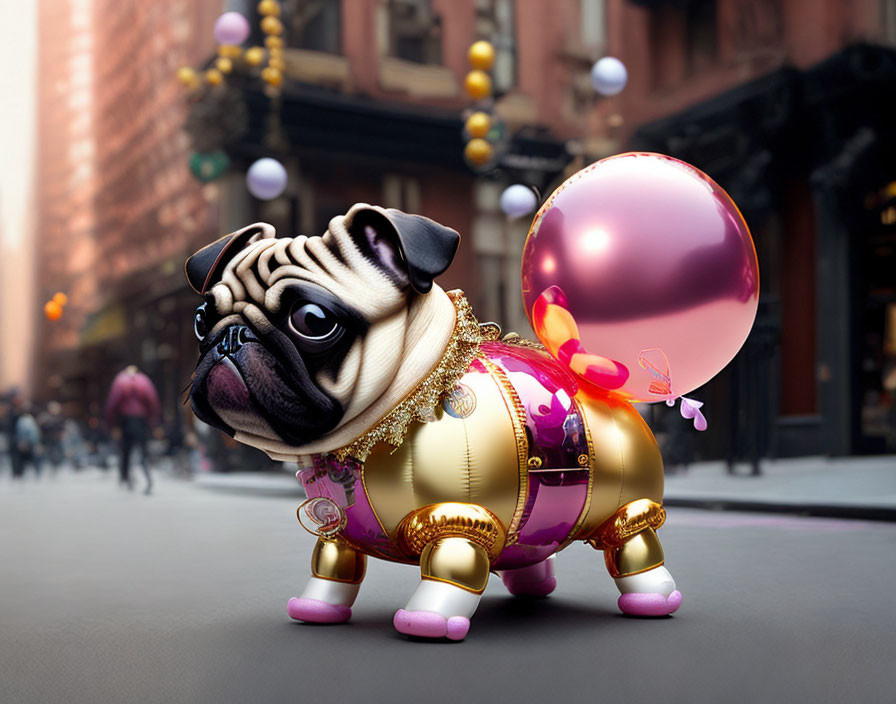 Stylized pug in golden and pink armor with balloons on city street