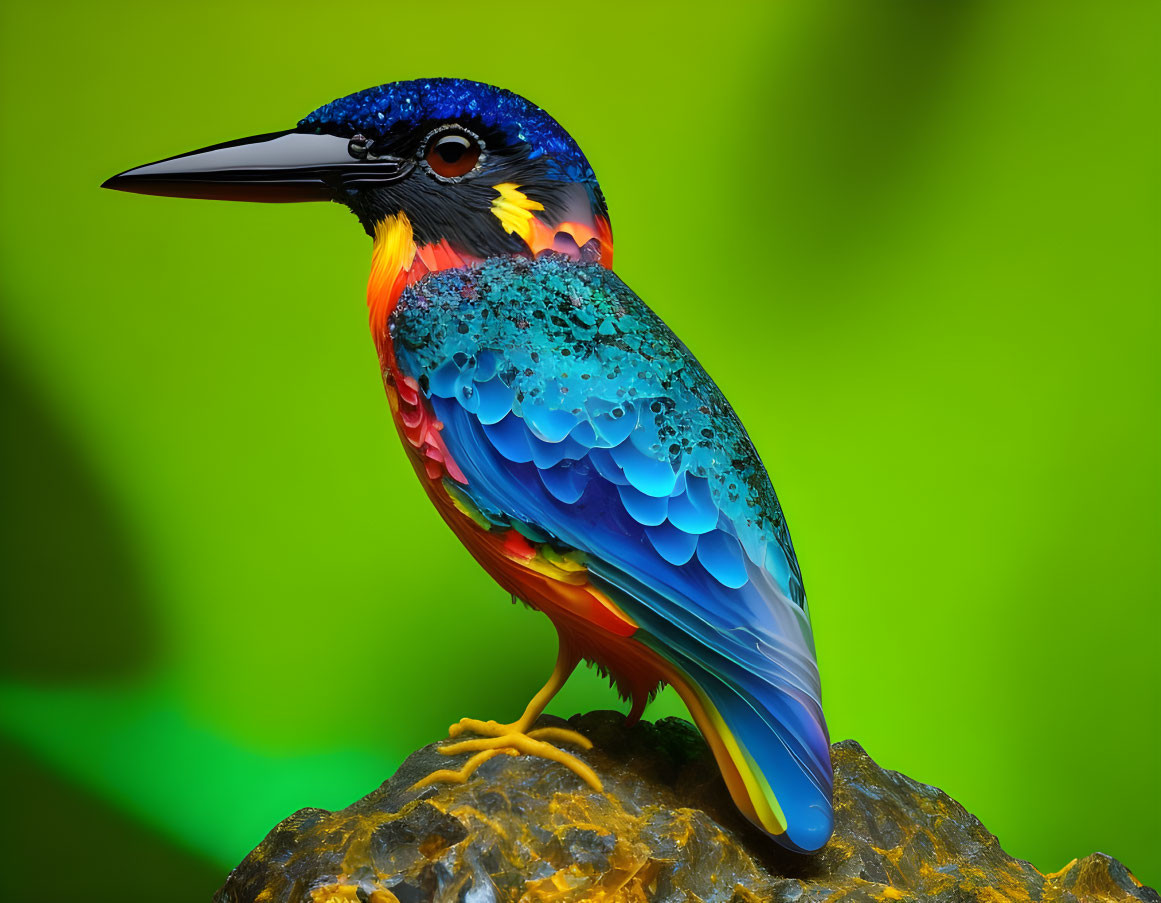 Colorful Kingfisher Bird Perched on Rock in Green Background