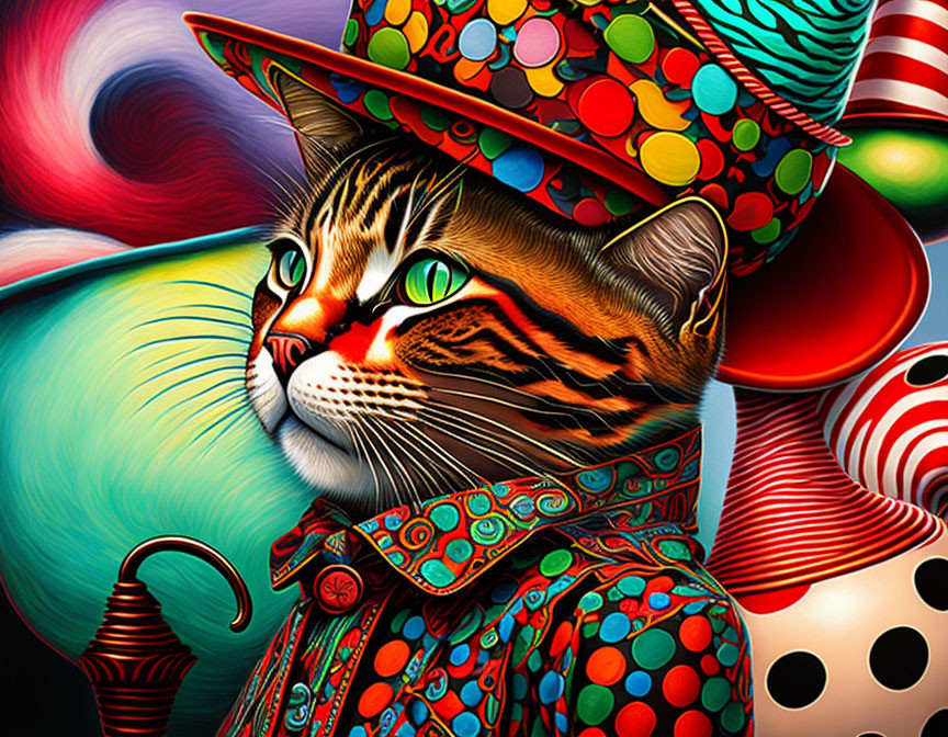 Colorful Digital Artwork: Cat in Whimsical Outfit with Hats on Abstract Background