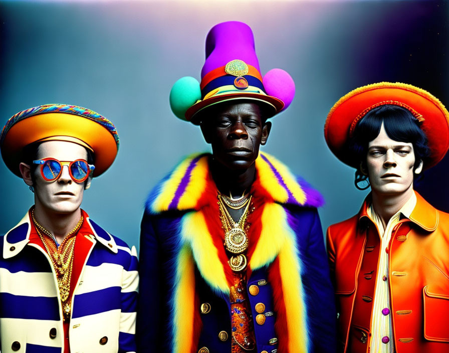 Three individuals in eccentric outfits with exaggerated accessories and hats on blue background.