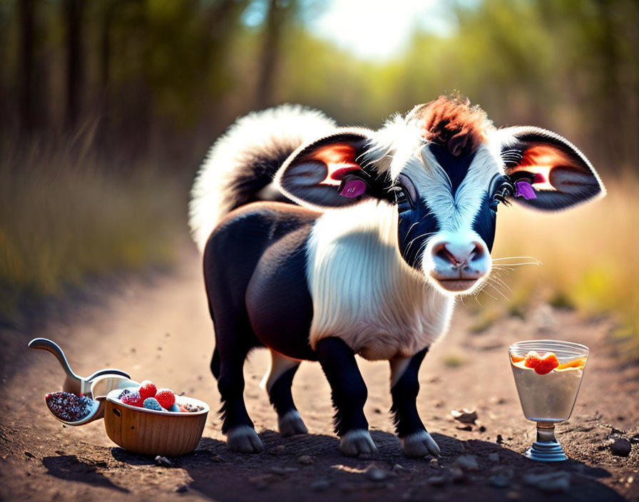 Whimsical goat with butterfly wings on path with spilled berries and dessert.