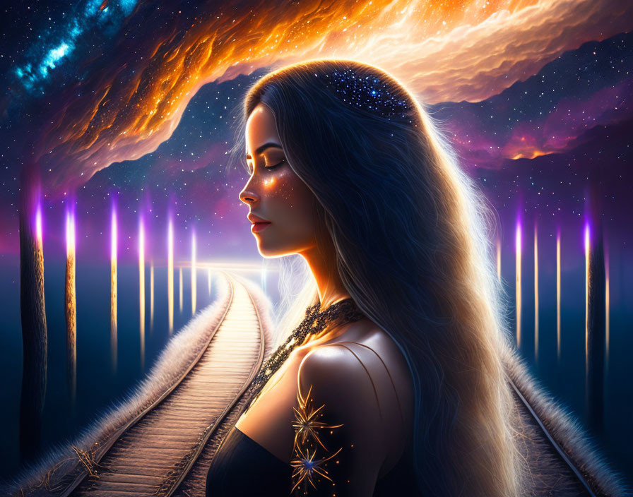 Woman with starry hair in surreal cosmic landscape with glowing pathway.