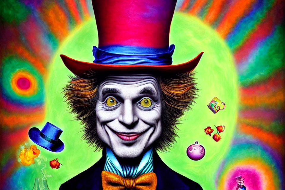Colorful Mad Hatter illustration with psychedelic background