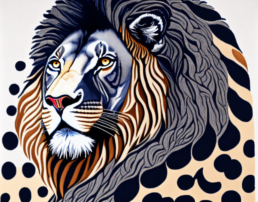 Stylized lion illustration with stripes and dots on dotted background in blue and yellow.