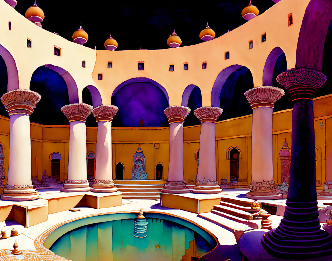 Vibrant courtyard with ornate fountain and purple columns.