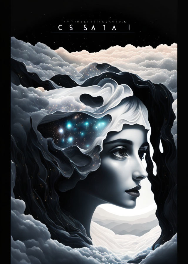 Surreal artwork: Woman's profile merges with cosmic universe and stormy clouds
