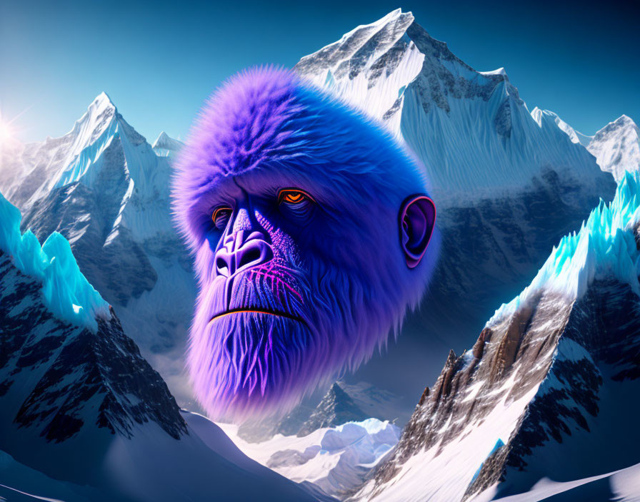 Surreal blue gorilla with red eyes on snowy mountain landscape