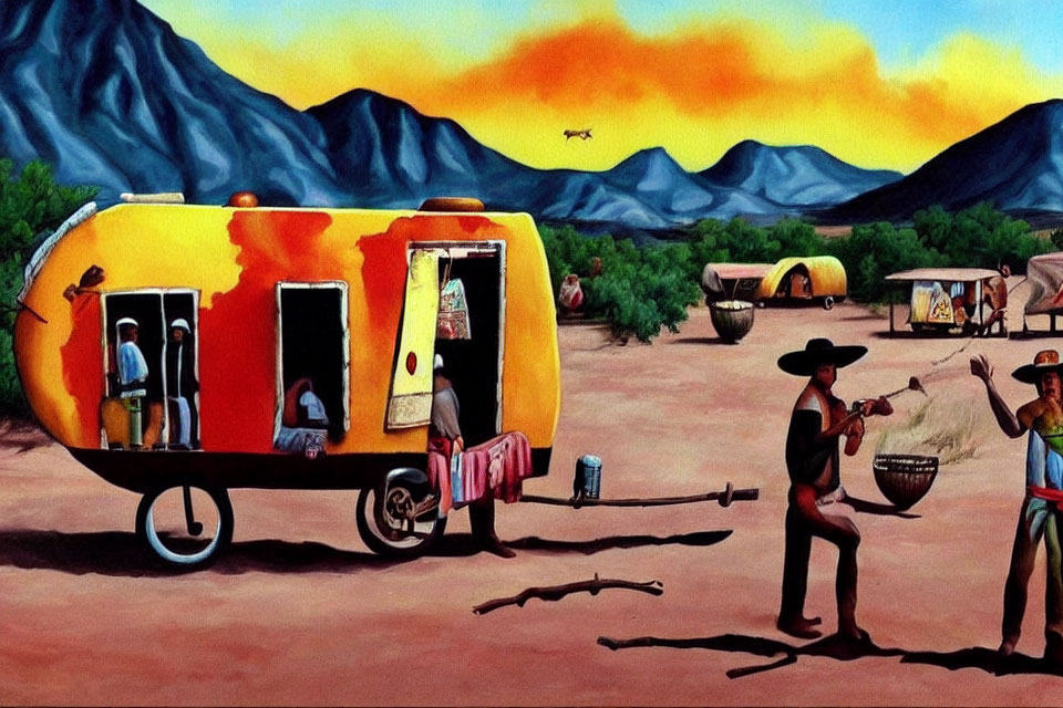 Vibrant desert scene with yellow trailer, people, mountain, and sunset.