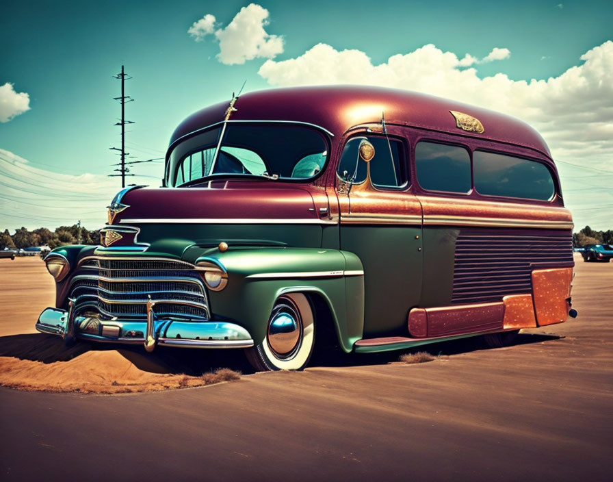 Vintage Customized Bus with Two-Tone Paint, Chrome Detailing, and White-Wall Tires