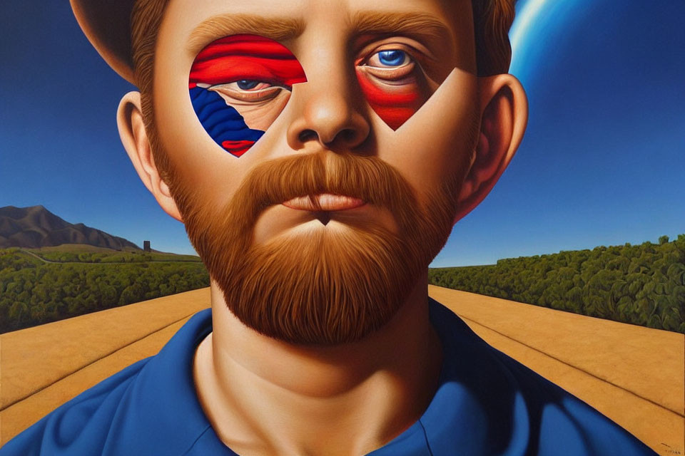 Portrait of a man with landscape face art and split mask design