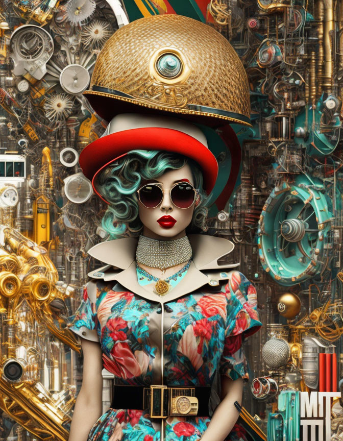 Turquoise-haired female figure in red hat and sunglasses with floral dress against mechanical backdrop