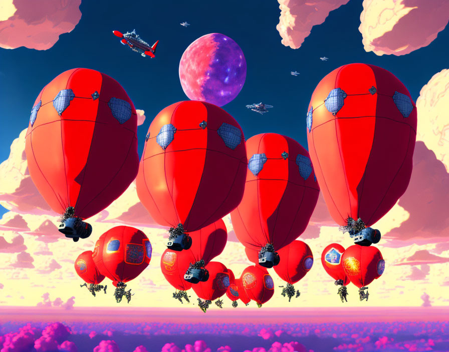 Red hot air balloons with intricate designs flying above pink clouds, plane, and large purple moon.