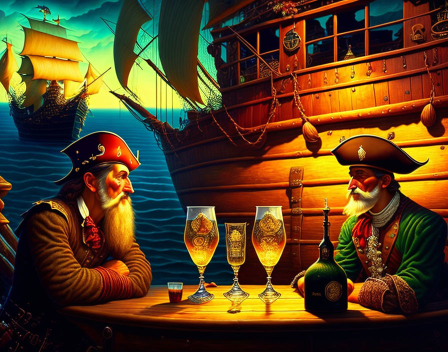 Illustrated Pirates with Drinks at Wooden Table, Ship in Background