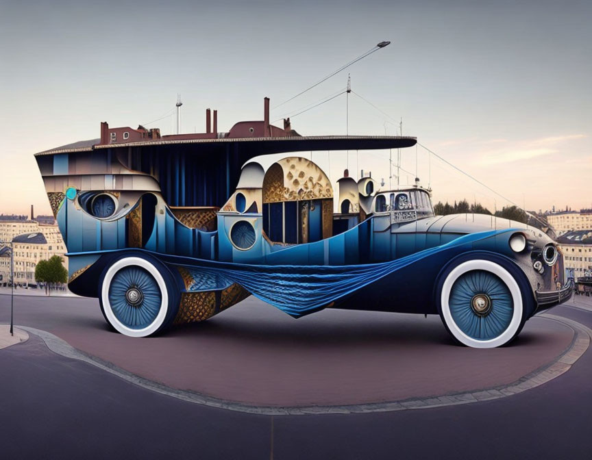 Surreal blend of vintage car and ship with artistic patterns parked on city street