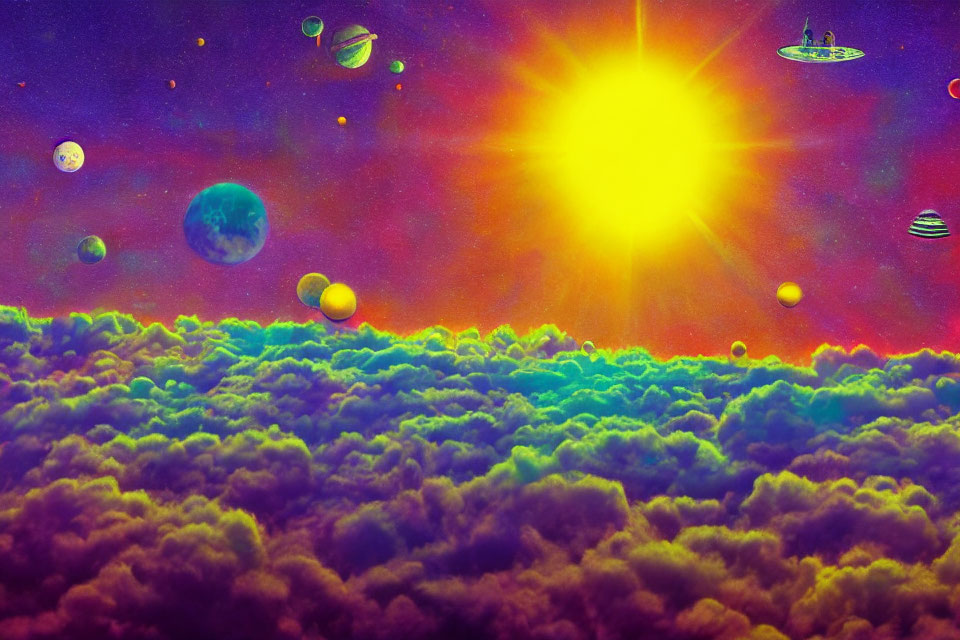 Colorful Outer Space Scene with Sun, Planets, and Clouds