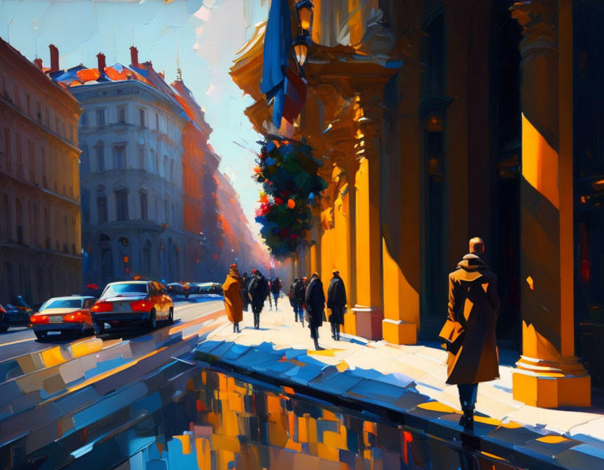 Impressionistic digital painting of a bustling city street