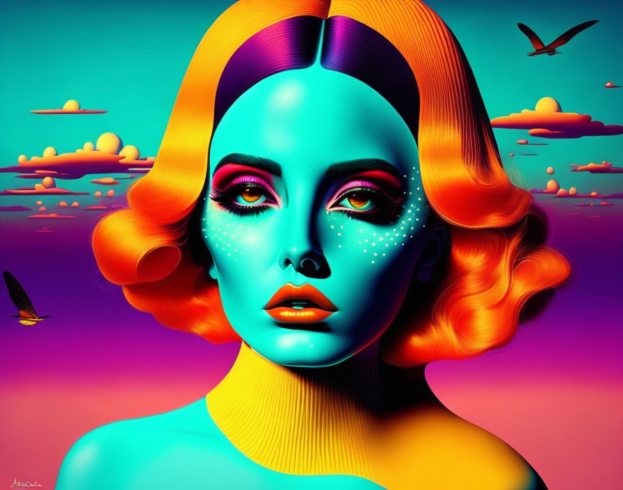 Vibrant digital artwork of a woman with surreal skin and colorful hair