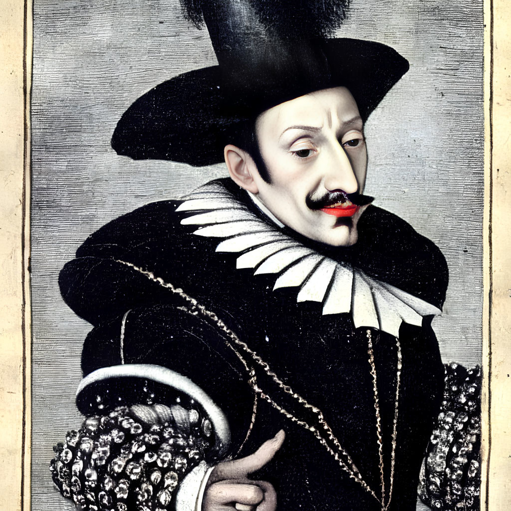 17th-Century Man Portrait with Ruff, Black Hat, Jewels, and Red Must