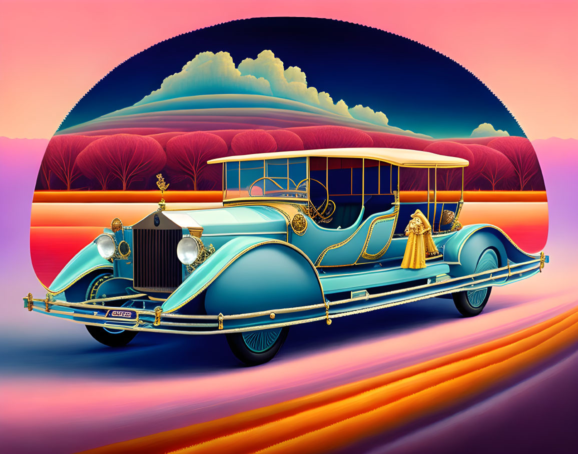 Stylized vintage car illustration with tropical sunset background