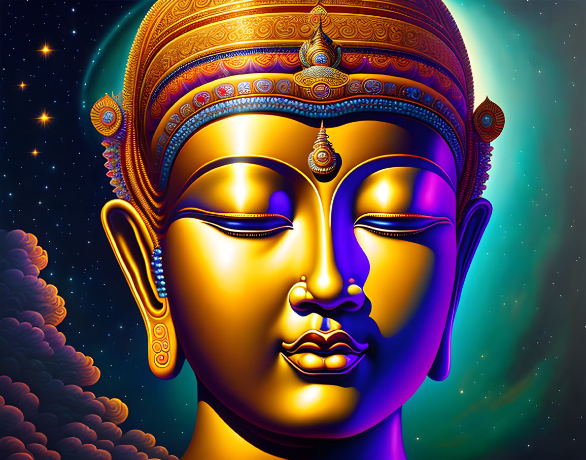 Serene Buddha face with golden headgear on cosmic background