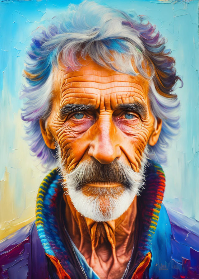 Colorful portrait of older man with blue eyes and gray hair in multicolored jacket