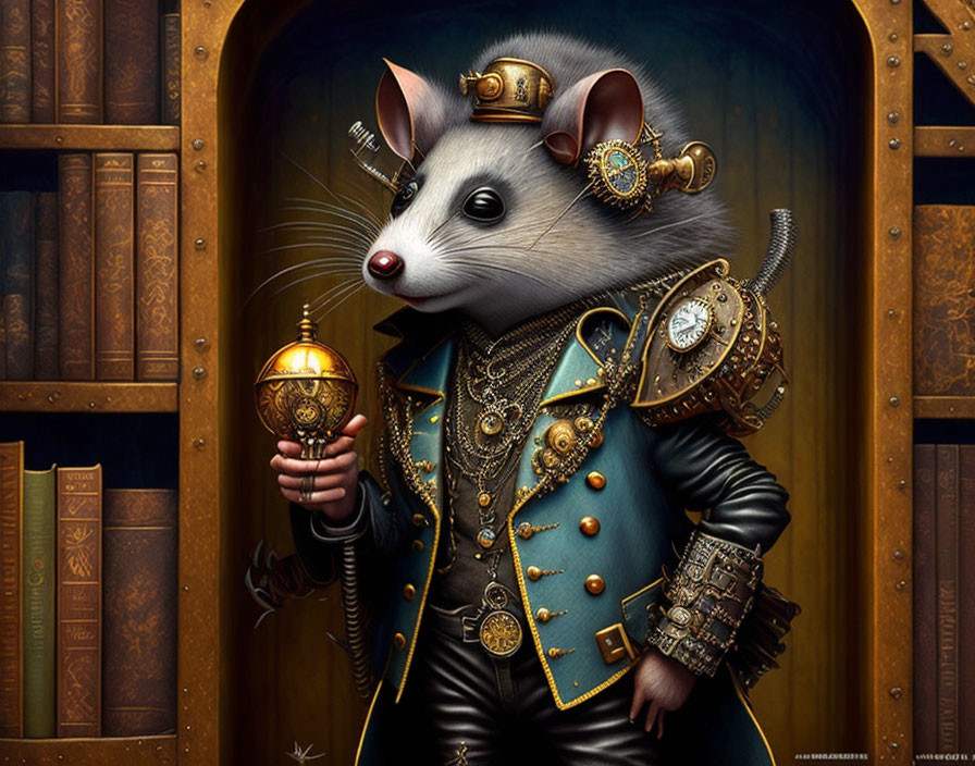 Anthropomorphic mouse in steampunk attire with golden orb in wooden interior