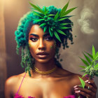 Green-haired woman with cannabis-inspired style and gold jewelry in front of cannabis plants