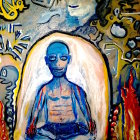 Colorful digital artwork of blue humanoid figure meditating with spectral face.