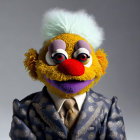 Character with Einstein-style hair, suit, clown face.