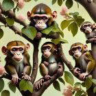 Colorful Stylized Monkeys on Tree Branches with Oversized Eyes