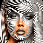 Digital Artwork: Woman with Black and White Skin Patterns, Blue Eyeshadow, Tribal Jewelry