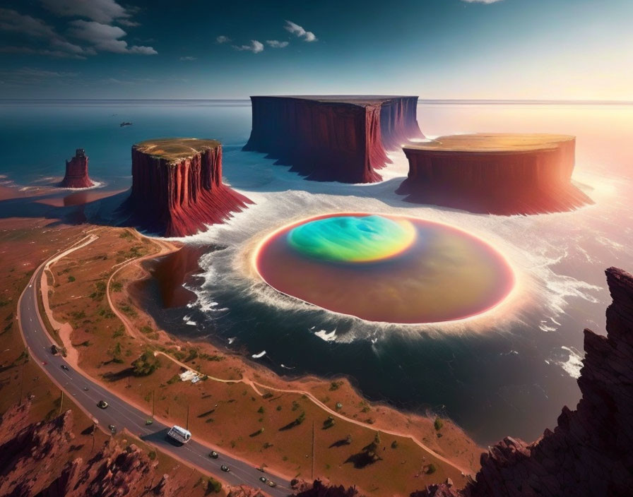 Surreal landscape with colossal rock formations and iridescent anomaly