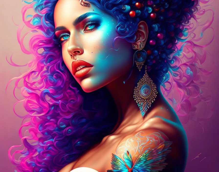 Colorful Illustration of Woman with Purple Curly Hair and Blue Skin