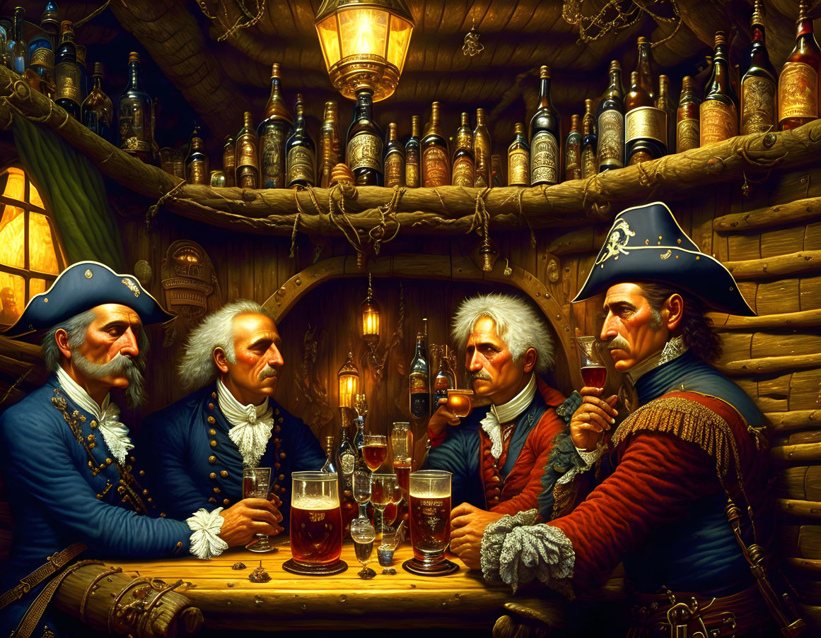 Historical military attire-clad individuals in tavern setting with rustic ambiance.