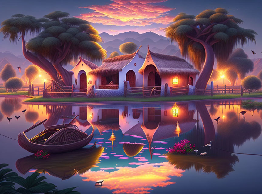Idyllic village scene with thatched huts, river, boat, birds, foliage, sunset