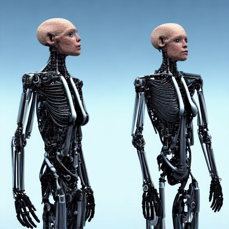 Exposed metal humanoid robots back-to-back on blue background