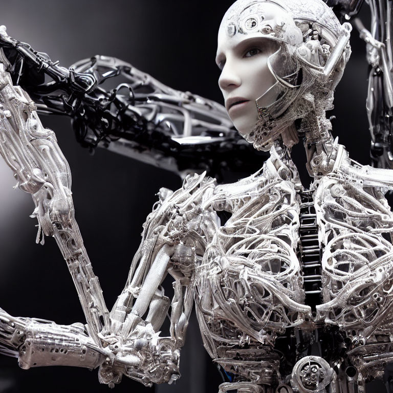 Detailed humanoid robot with intricate metalwork on grey background