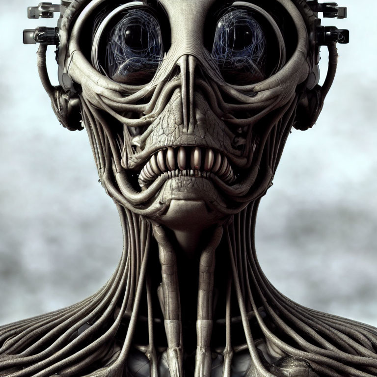 Detailed biomechanical creature with muscle-like facial structures and mechanical parts.
