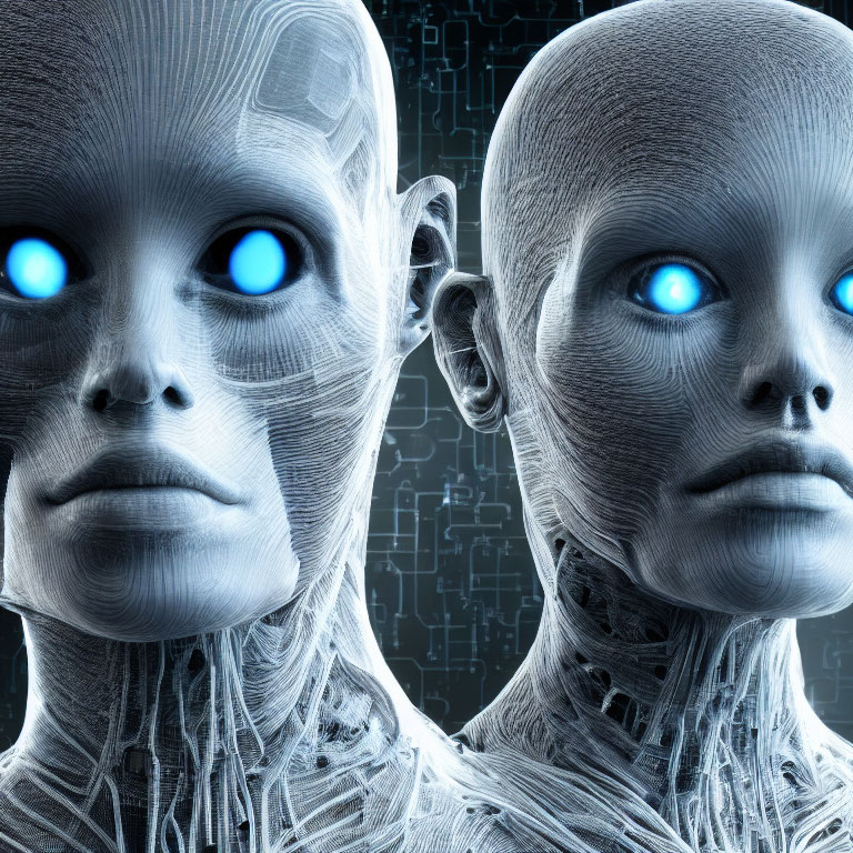 Futuristic android heads with glowing blue eyes on dark digital background