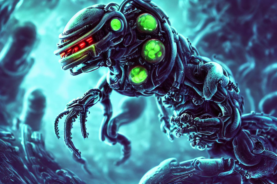 Glowing green-eyed cybernetic organism on blue backdrop