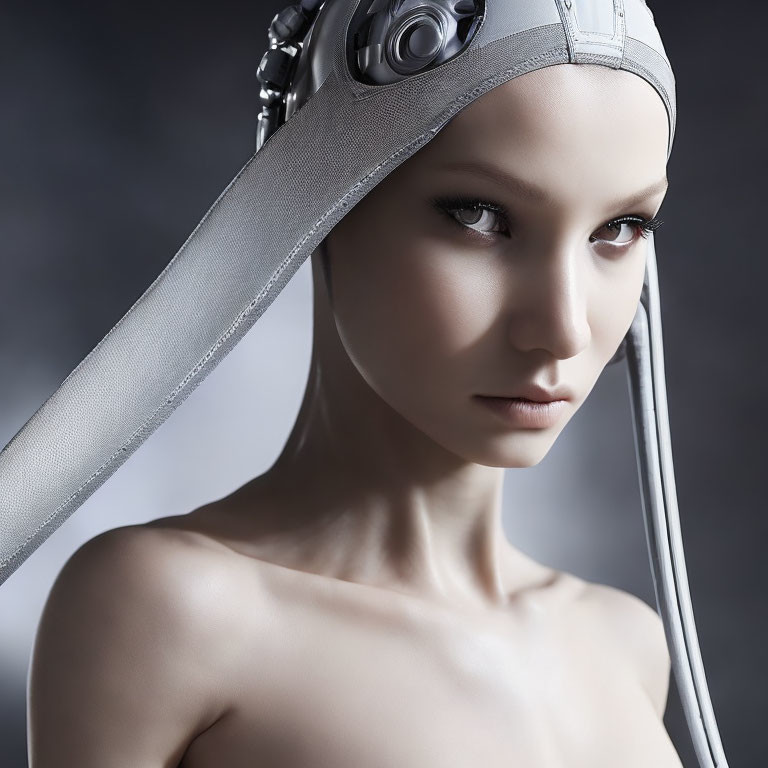 Female humanoid robot portrait with metallic headgear and intense gaze