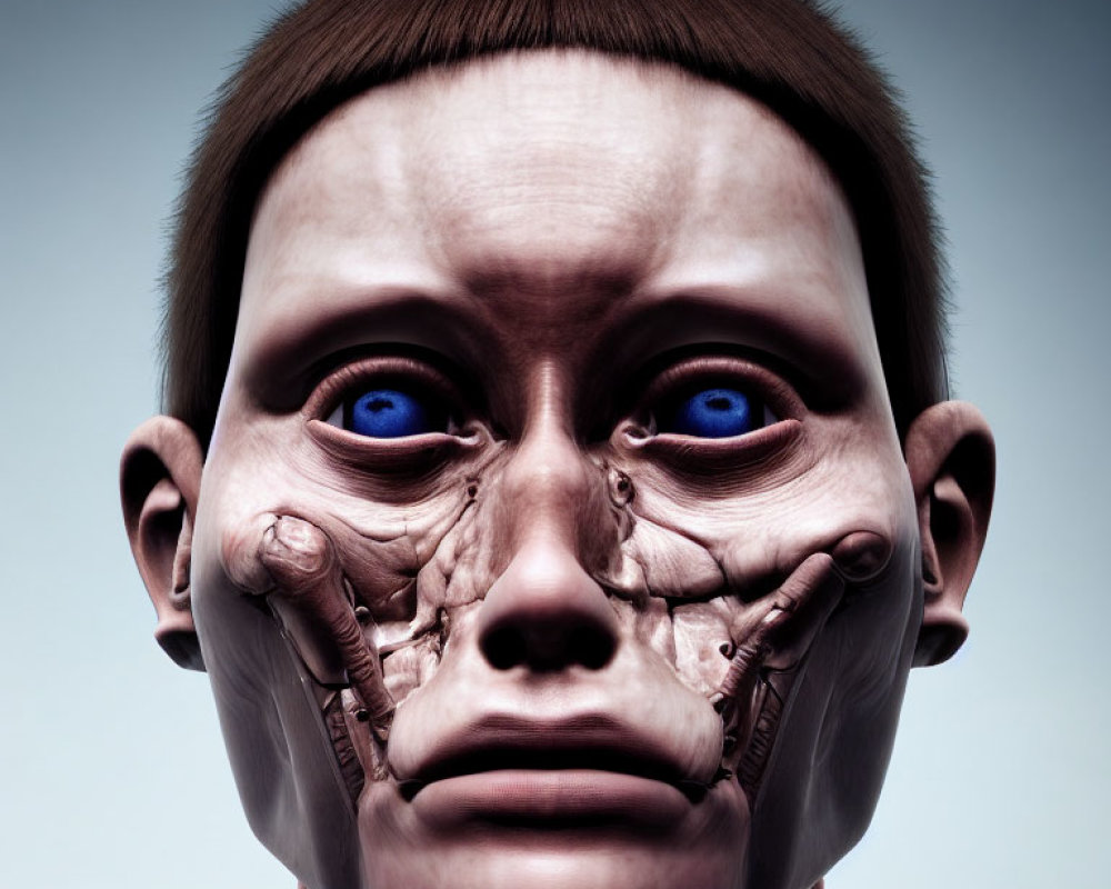 Digital artwork: Humanoid face with oversized blue eyes, stitched skin, somber expression