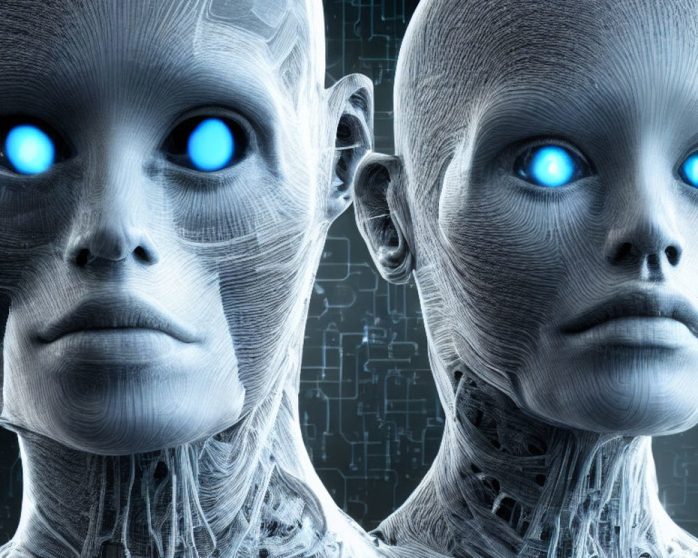 Futuristic android heads with glowing blue eyes on dark digital background