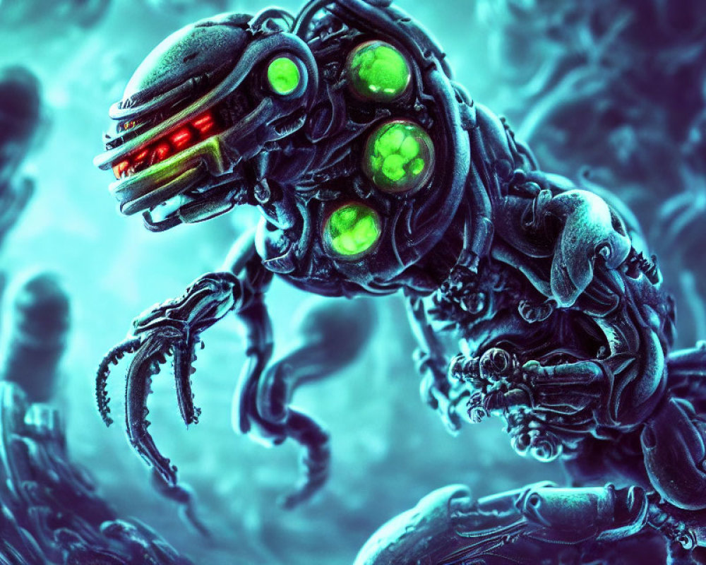 Glowing green-eyed cybernetic organism on blue backdrop