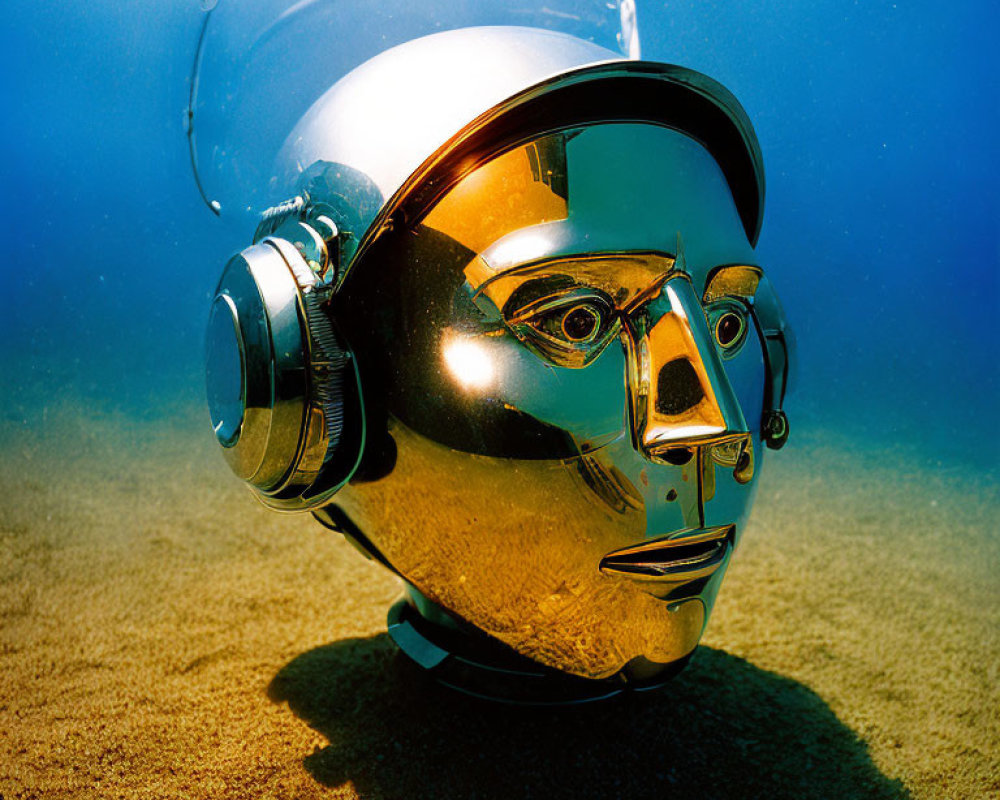 Golden humanoid robot head partially submerged in water on blue background