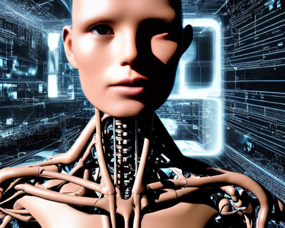 Featureless Face Humanoid Robot Surrounded by Digital Code and Circuitry